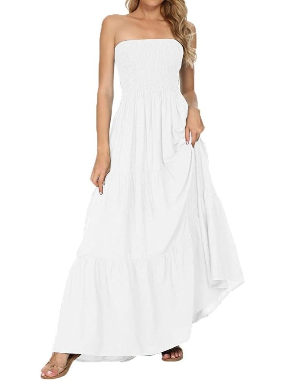 Women's White Summer Stylish Tube Top Off Shoulder Boho Beach Long Maxi Dress - Picture 3 of 4